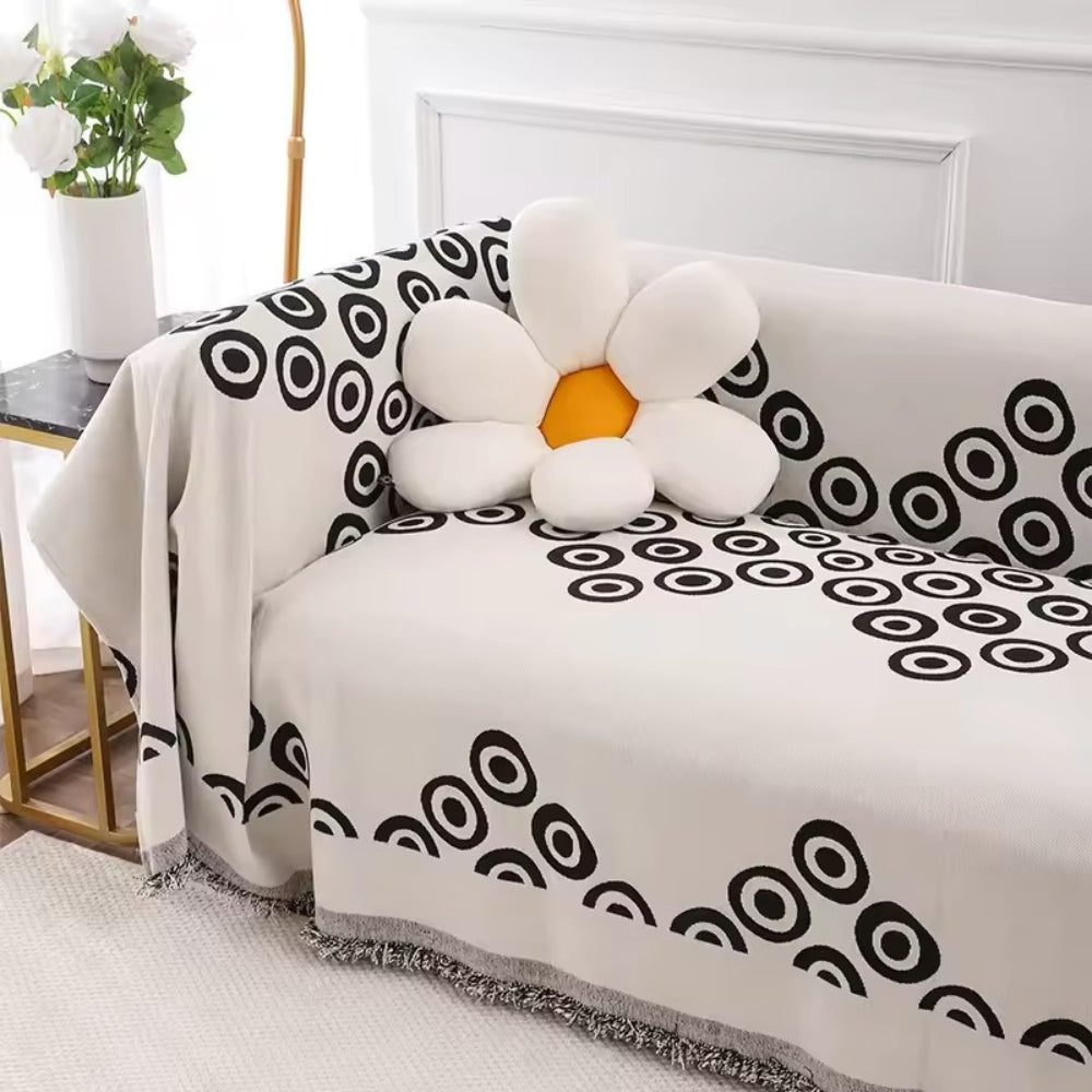 Chenille Sofa Cover with Circular Pattern and Tassel Accents