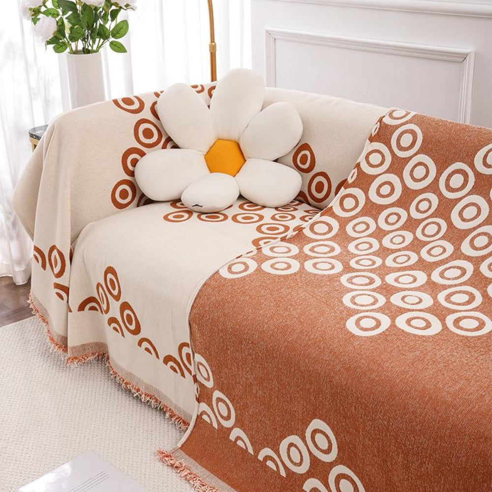 Chenille Sofa Cover with Circular Pattern and Tassel Accents
