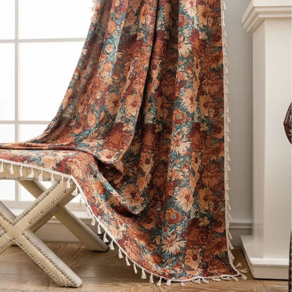 Vintage Floral Tassel Curtain Panel