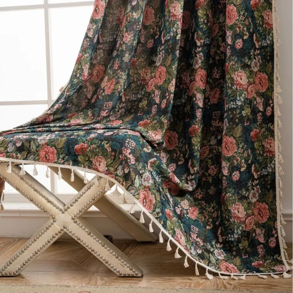 Vintage Floral Tassel Curtain Panel