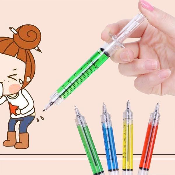 Novelty Syringe-Shaped Pens Set of 4 - Liquid-Filled Refillable Writing Instruments