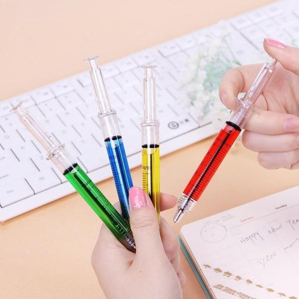 Novelty Syringe-Shaped Pens Set of 4 - Liquid-Filled Refillable Writing Instruments