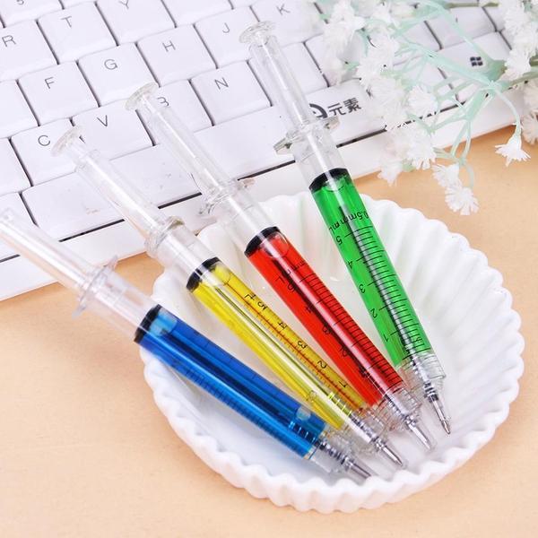 Novelty Syringe-Shaped Pens Set of 4 - Liquid-Filled Refillable Writing Instruments