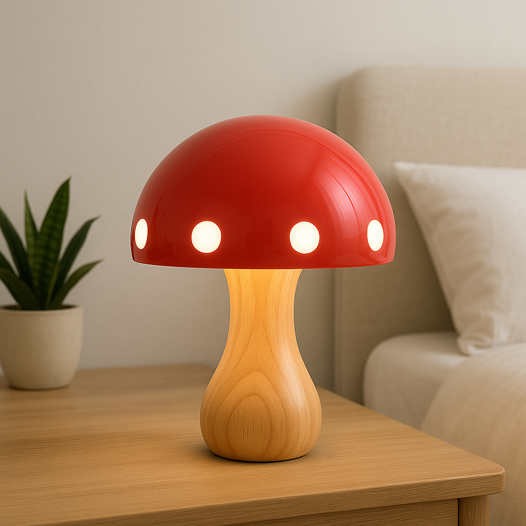 Modern LED Mushroom Table Lamp - Elegant Wood and Resin Accent, 11.8 Inch Height
