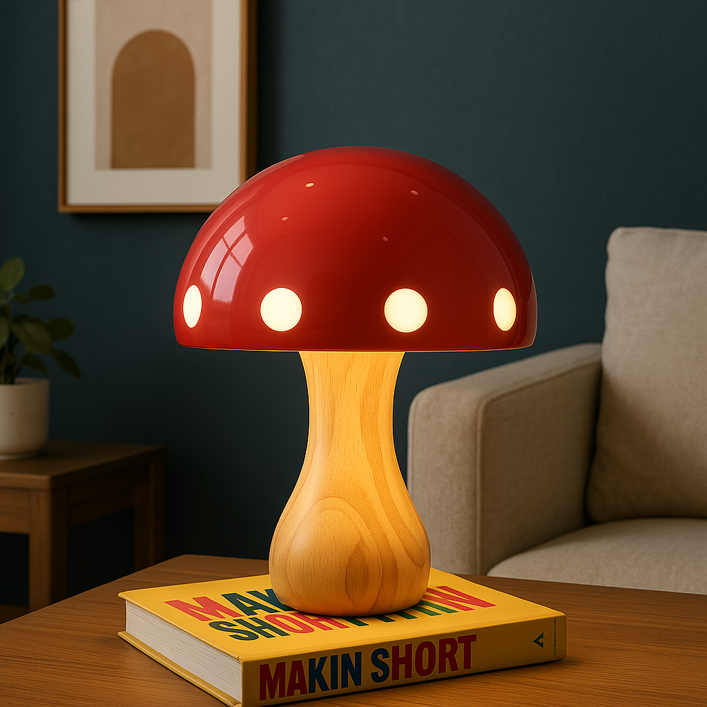 Modern LED Mushroom Table Lamp - Elegant Wood and Resin Accent, 11.8 Inch Height