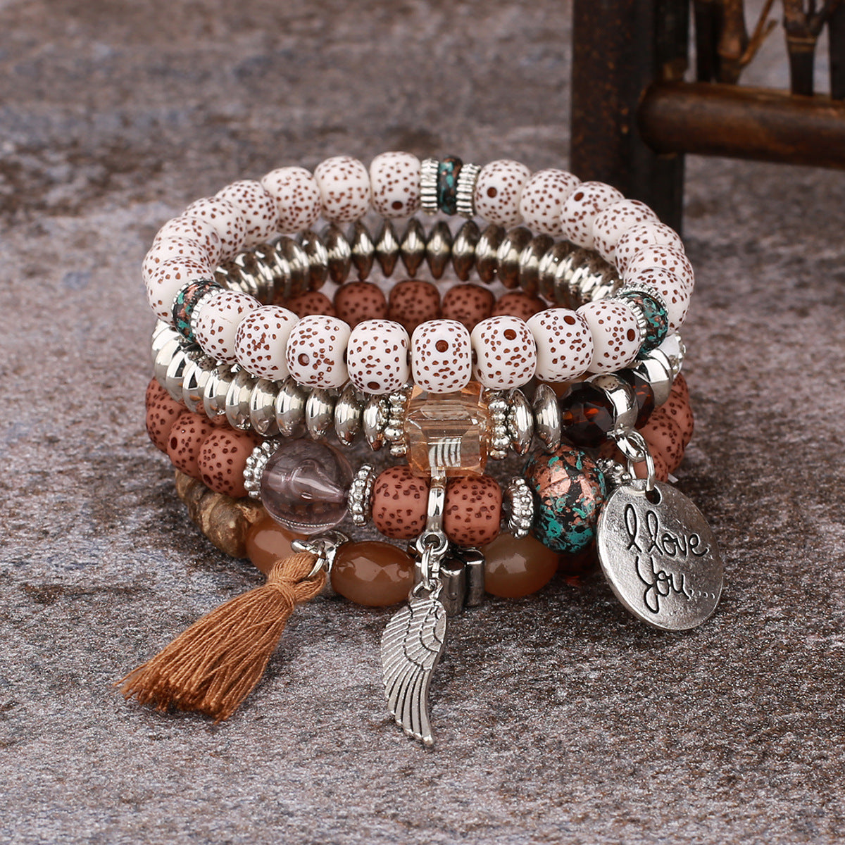 I Love You Beaded Bracelet Set with Silver Charm and Tassel