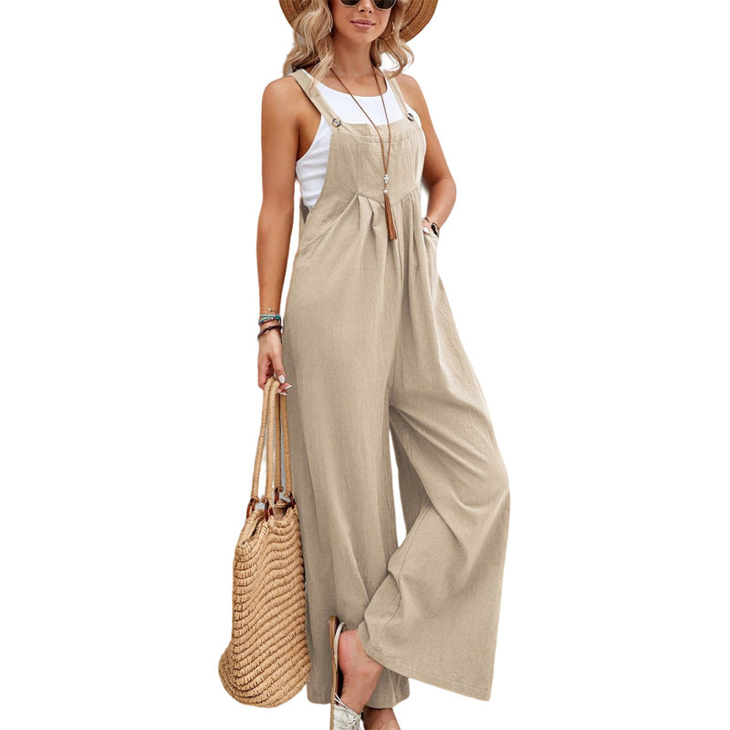 Sleeveless Button Strap Wide Leg Jumpsuit with Pockets