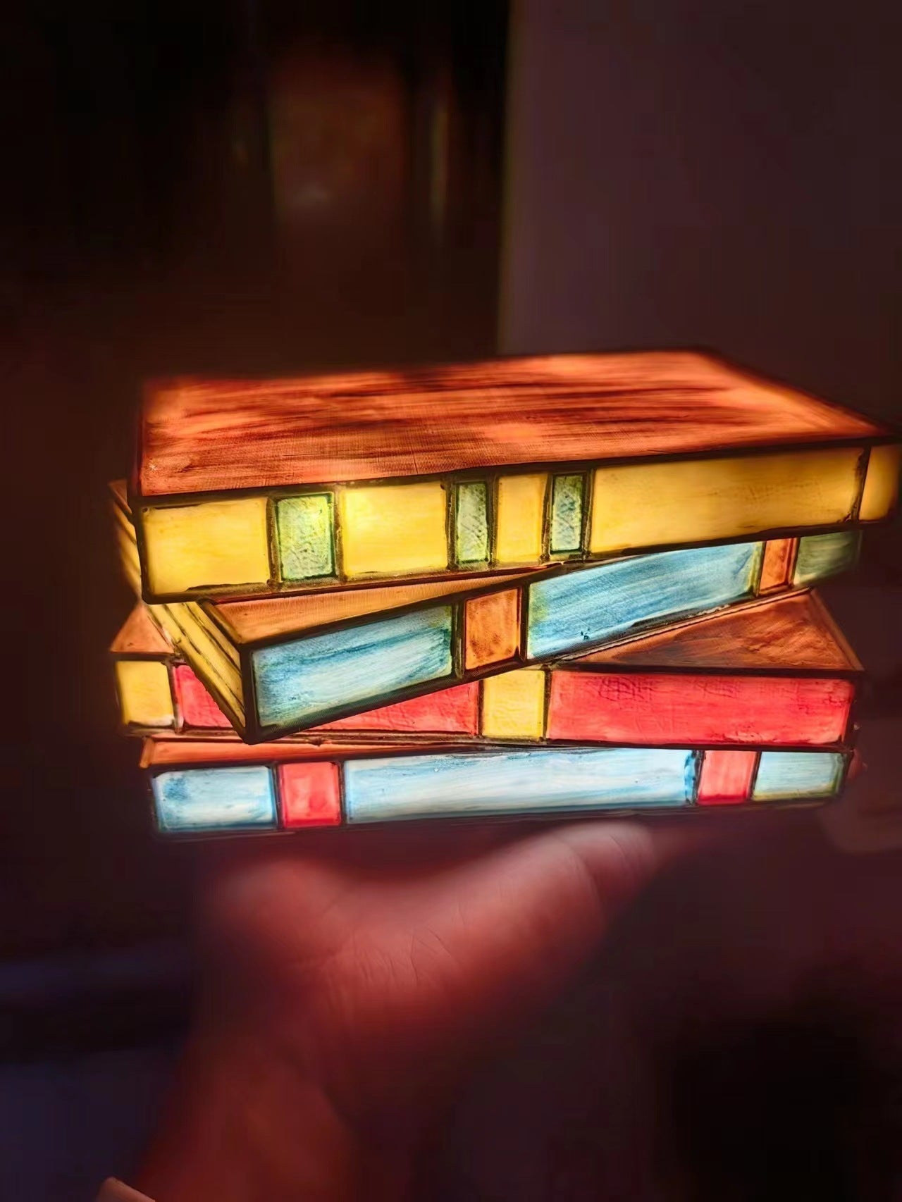 Stacked Books Table Lamp with Artisan Glass Panels