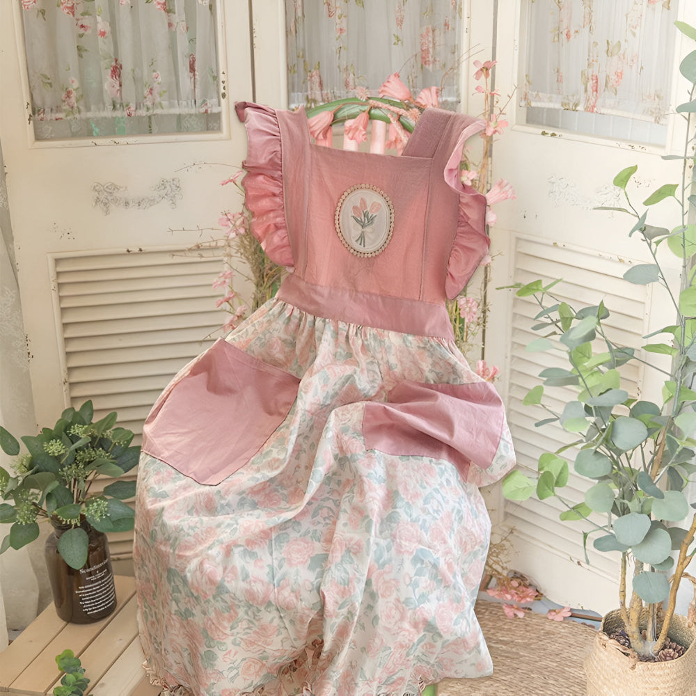 Pink Floral Lace Ruffled Apron