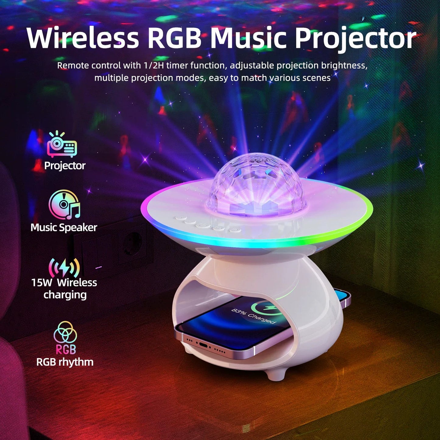 Wireless Charging Projection Lamp Night Light for Bedroom Desk