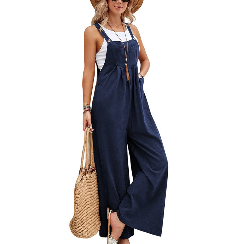 Sleeveless Button Strap Wide Leg Jumpsuit with Pockets