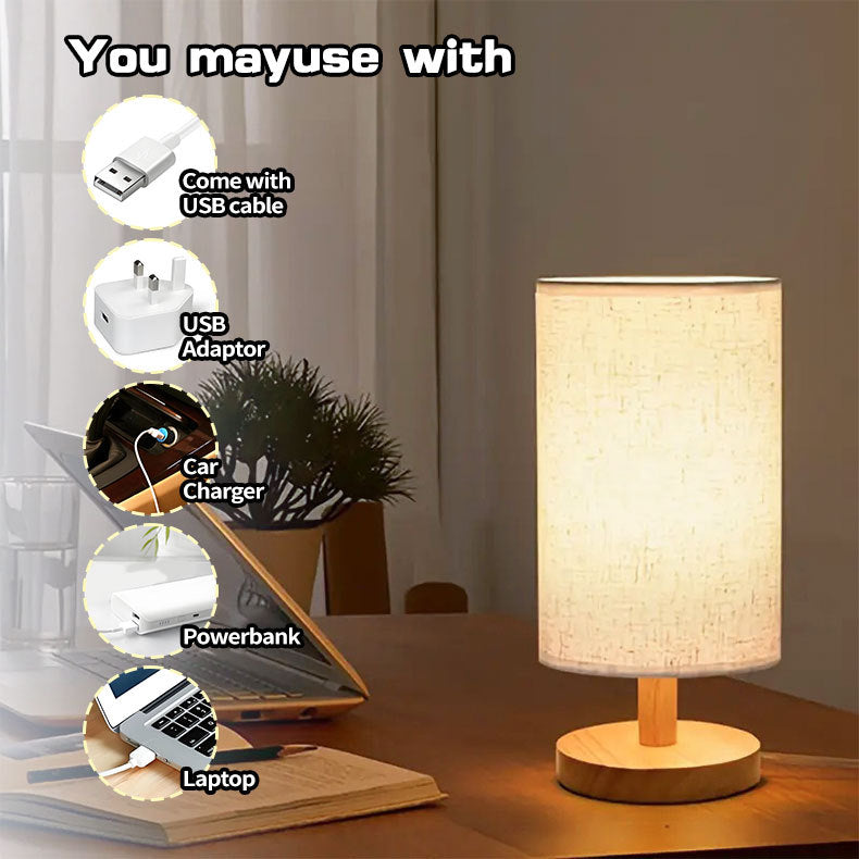 USB Solid Wood Fabric Table Lamp with LED Shade