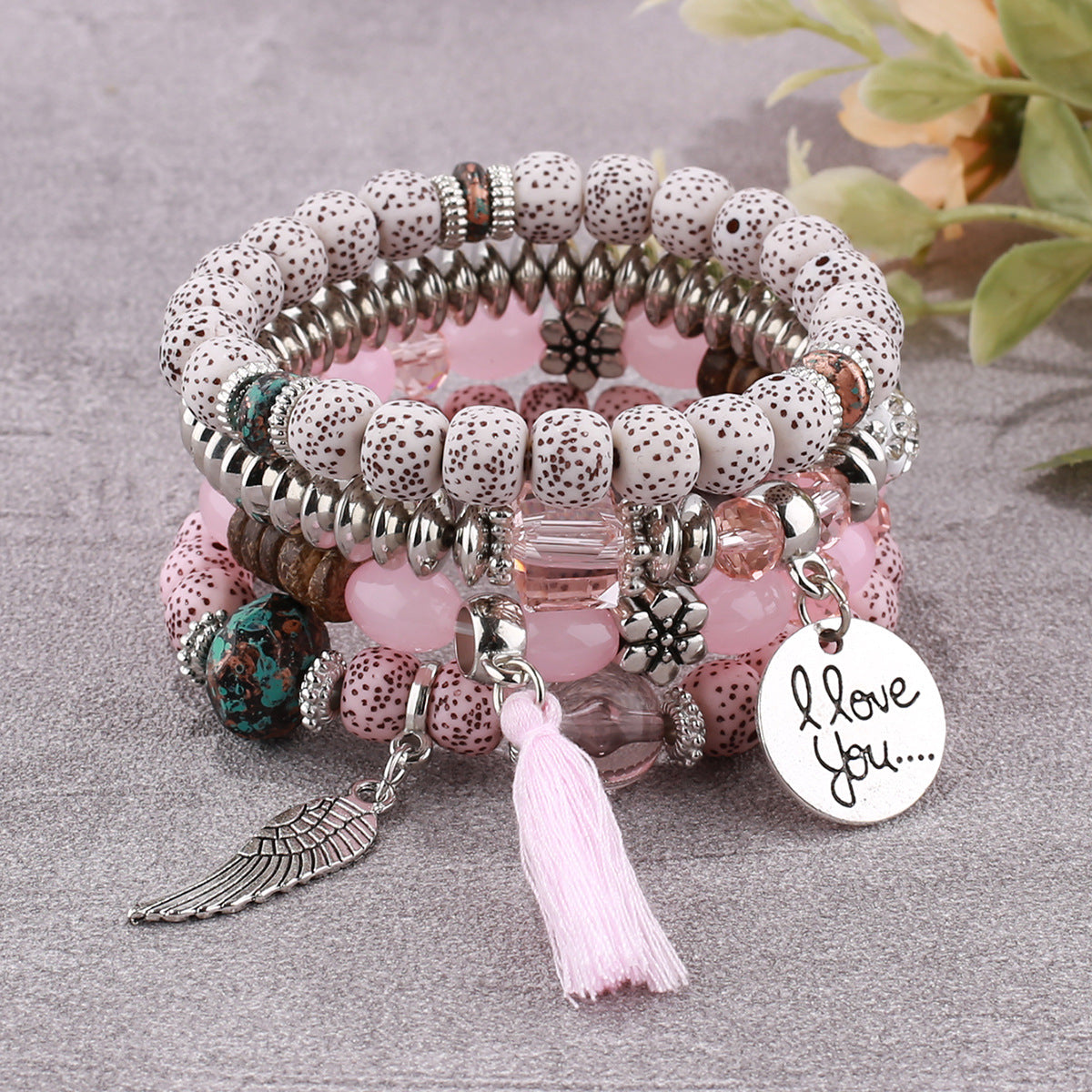 I Love You Beaded Bracelet Set with Silver Charm and Tassel