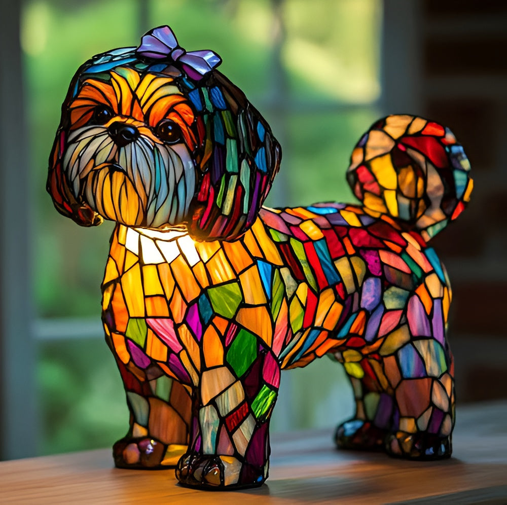 Stained Glass Dog Table Lamp Tiffany Style Pet Decor