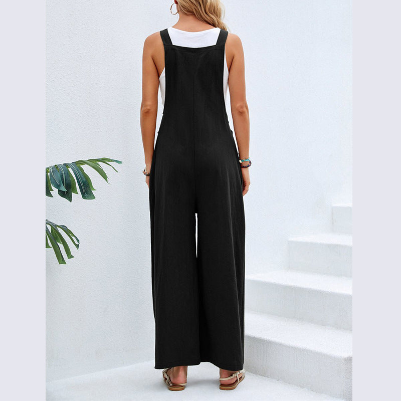 Sleeveless Button Strap Wide Leg Jumpsuit with Pockets