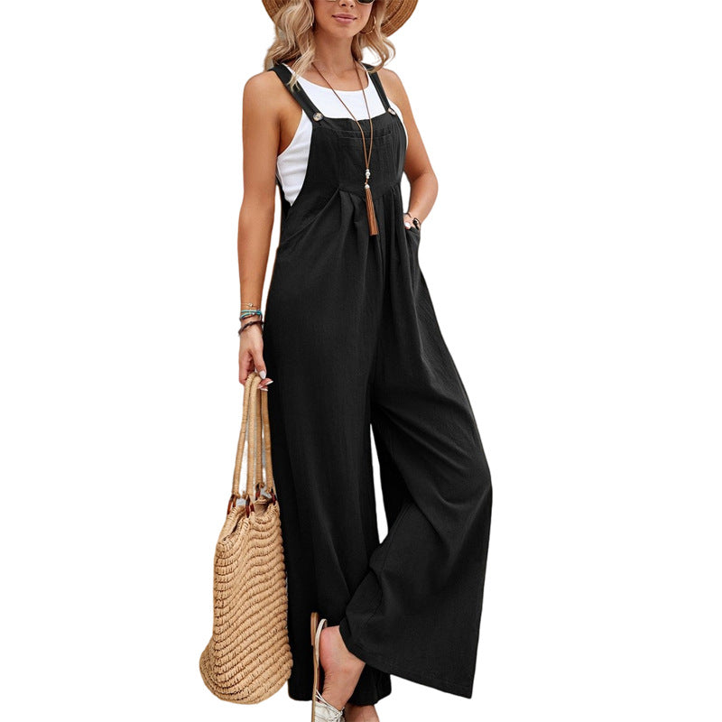 Sleeveless Button Strap Wide Leg Jumpsuit with Pockets