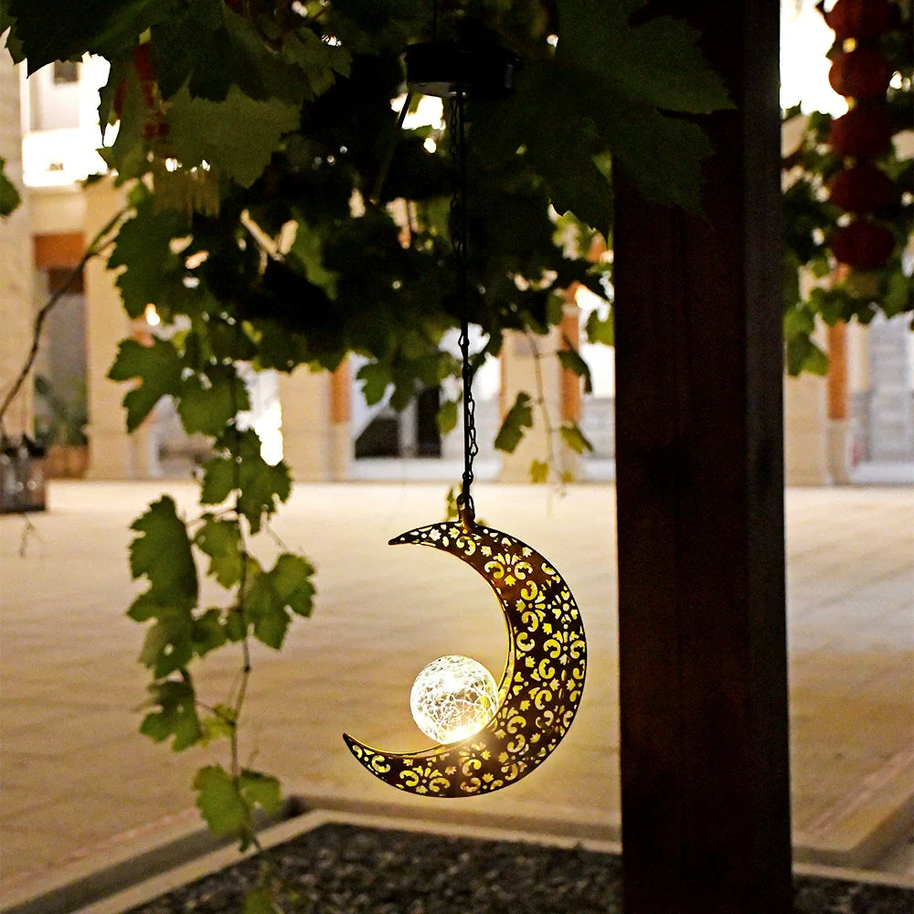 Solar Waterproof Iron Hollow Projection Lantern for Outdoor Hanging Decor