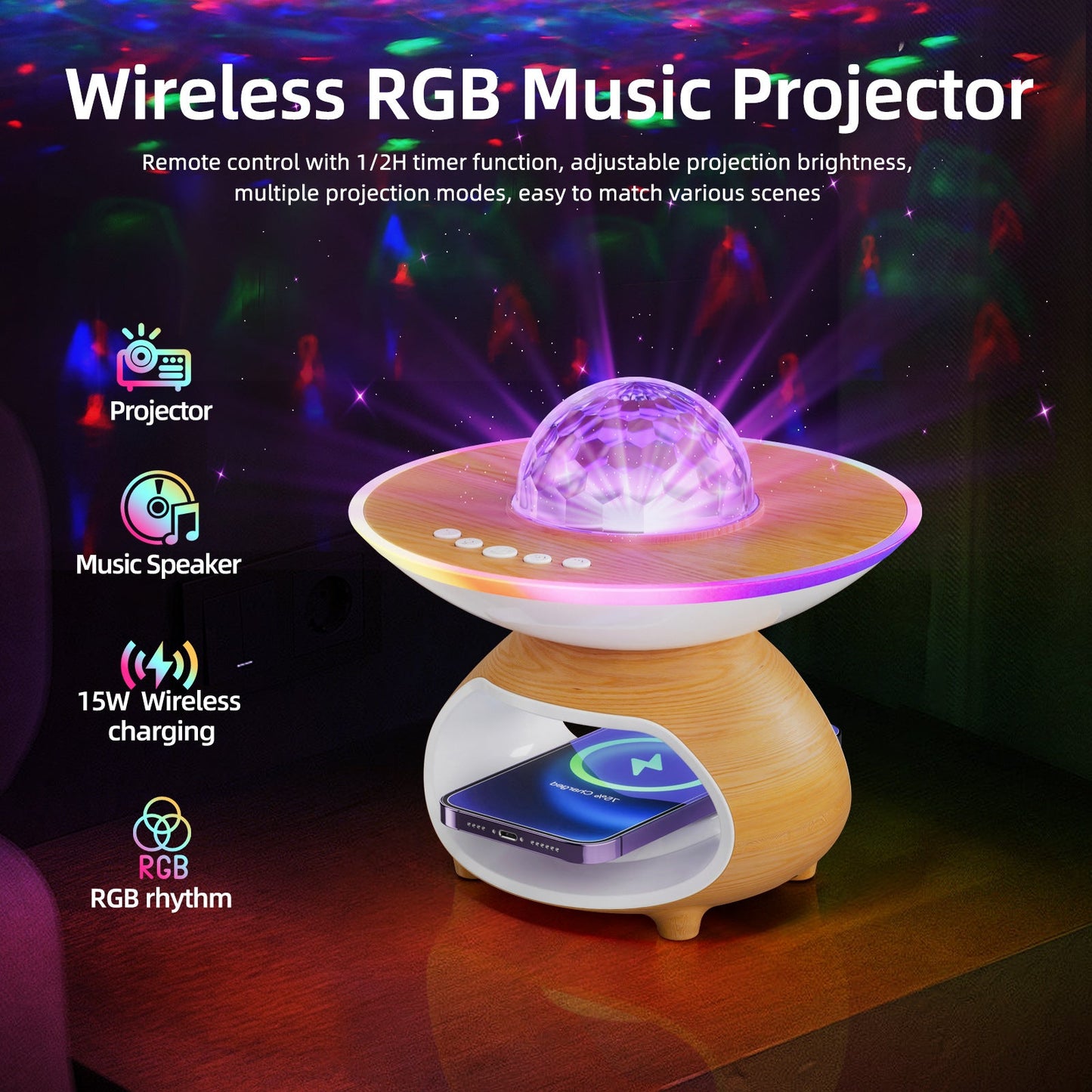 Wireless Charging Projection Lamp Night Light for Bedroom Desk
