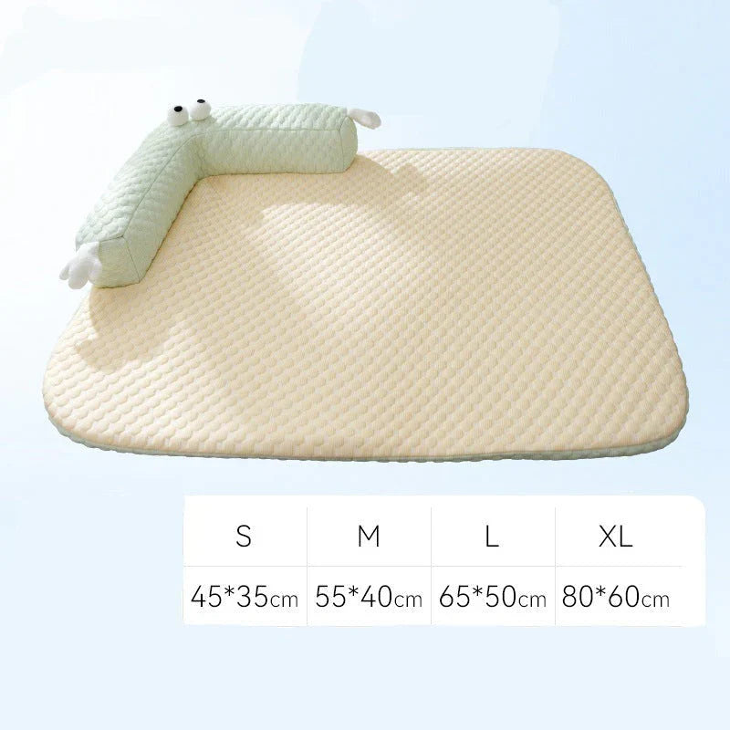Cooling Dog Mat with Silk Top and Plush Padding - Blue and Beige