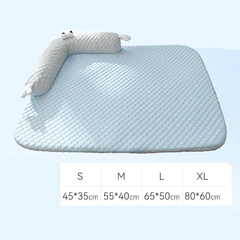 Cooling Dog Mat with Silk Top and Plush Padding - Blue and Beige