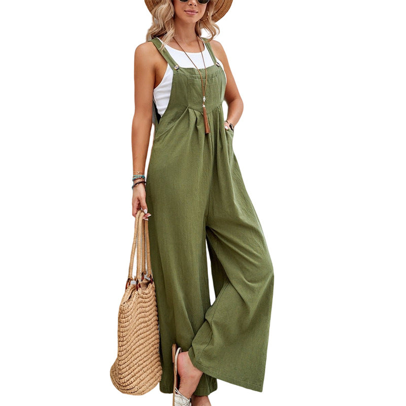 Sleeveless Button Strap Wide Leg Jumpsuit with Pockets