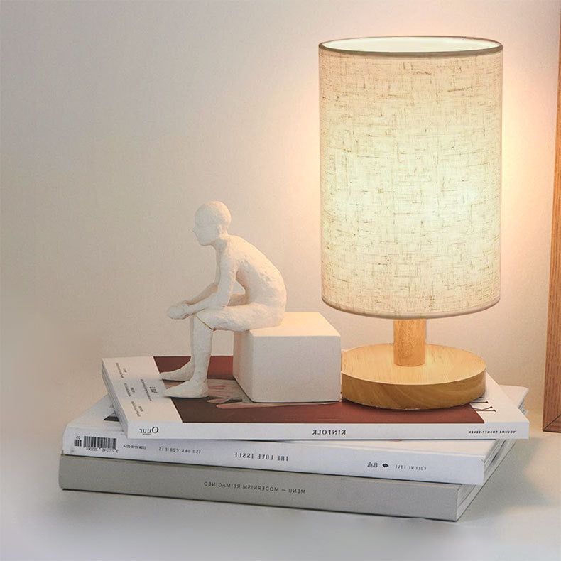 USB Solid Wood Fabric Table Lamp with LED Shade
