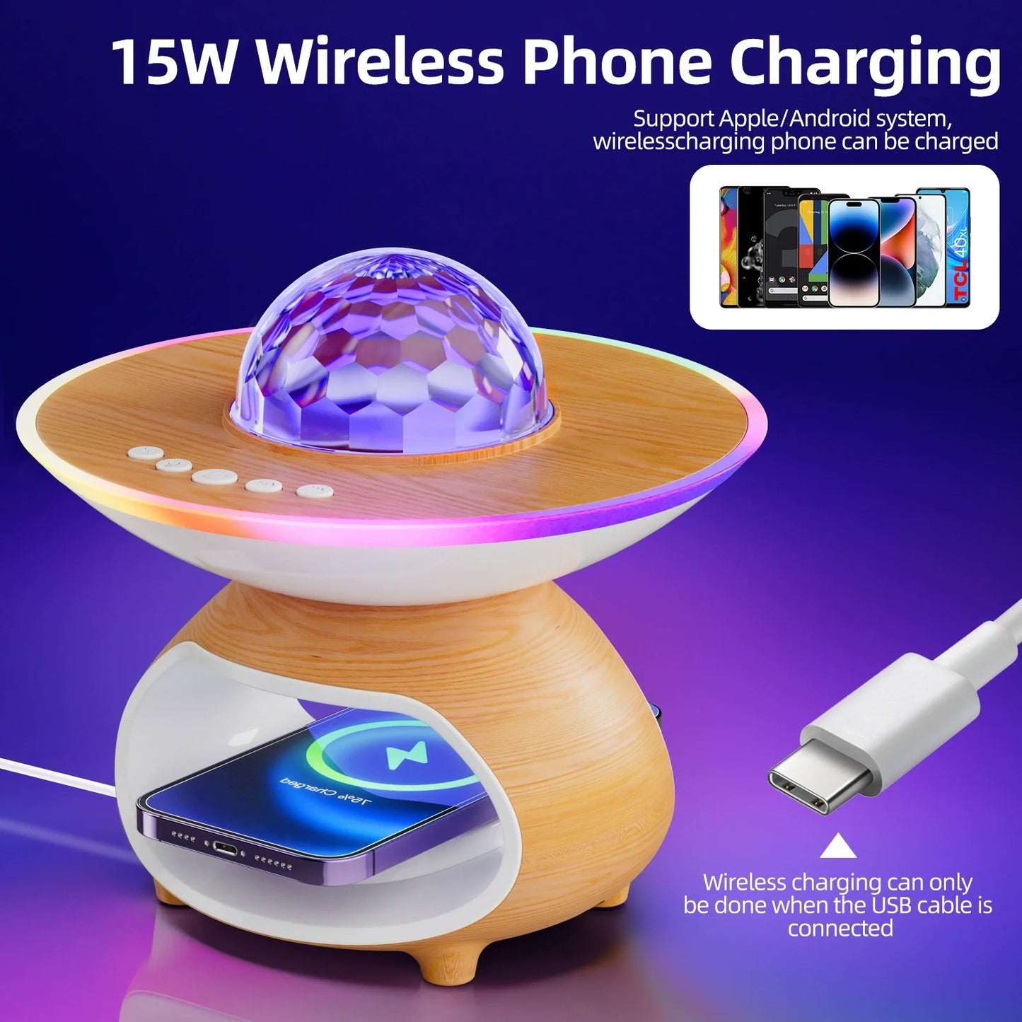 Wireless Charging Projection Lamp Night Light for Bedroom Desk
