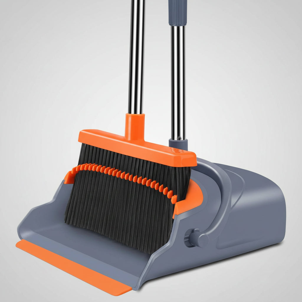 Self-Cleaning Broom and Dustpan Set with Adjustable Handle