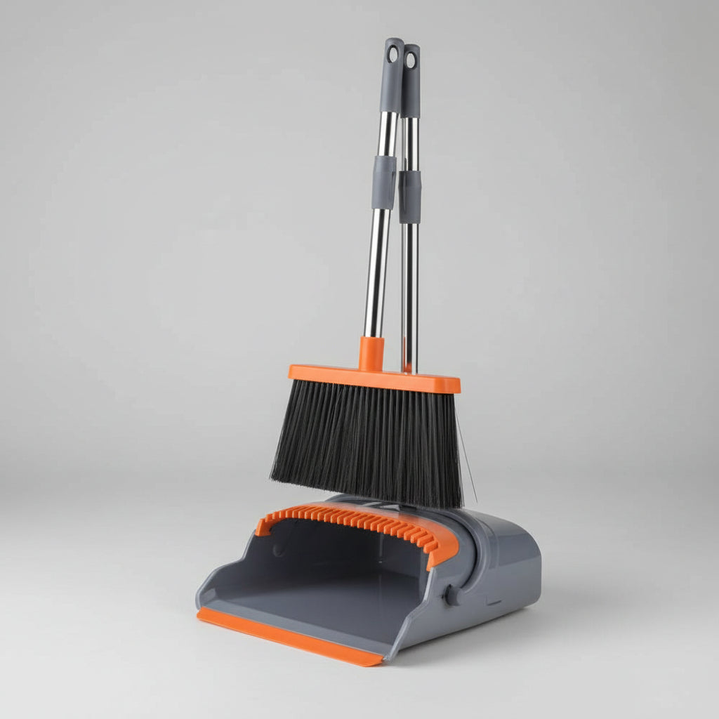 Self-Cleaning Broom and Dustpan Set with Adjustable Handle
