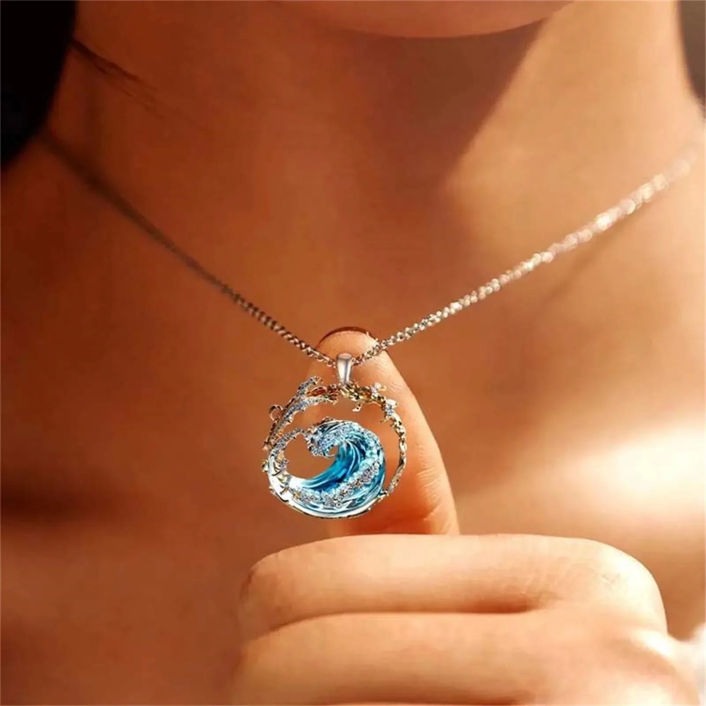 Silver Ocean Wave Pendant Necklace Minimalist Jewelry