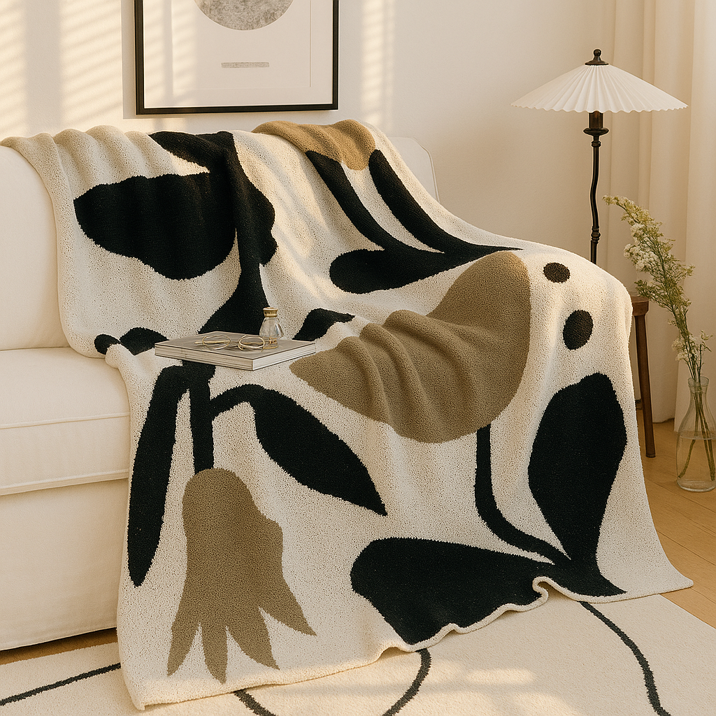 All-Season Soft Microfiber Travel Blanket with Abstract Floral Design