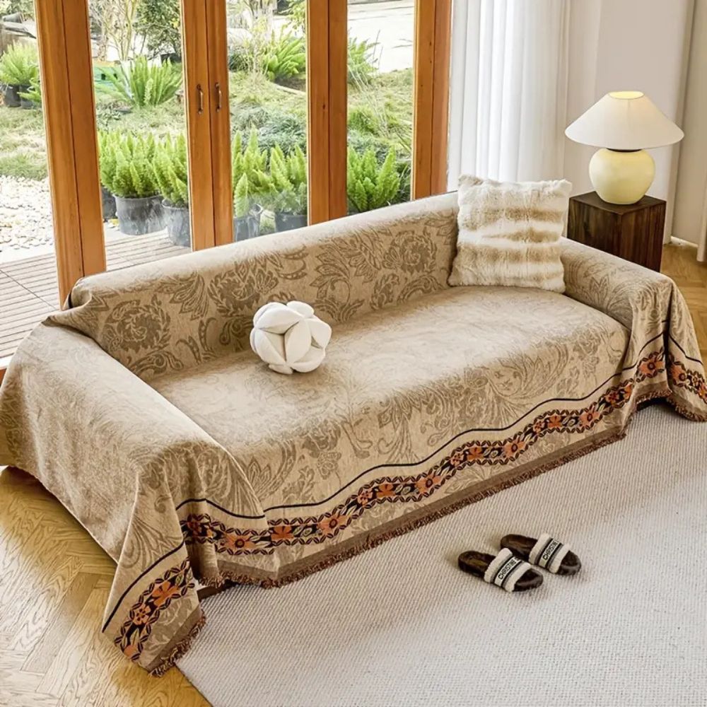 Floral Tasseled Boho Sofa Cover in Earthy Tones