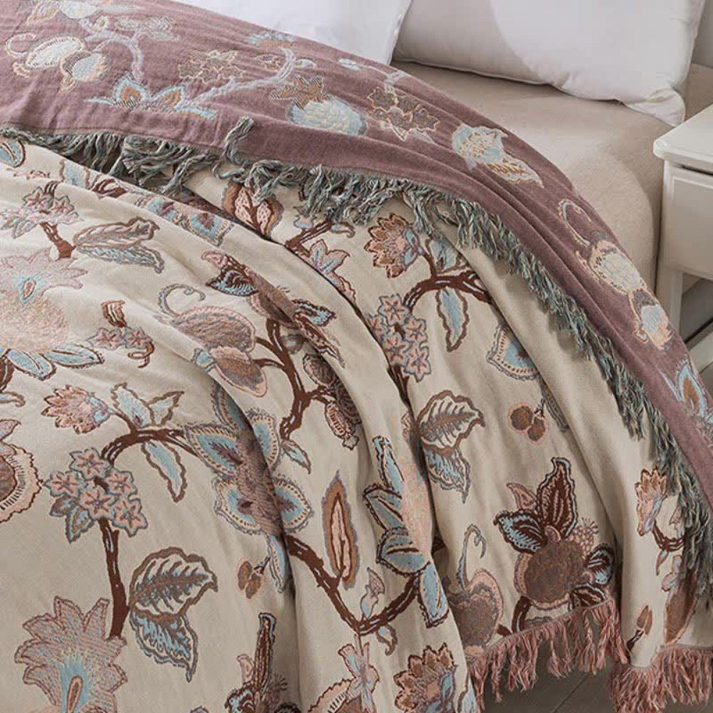 Floral Jacquard Cotton Bed Blanket with Tassel Trim