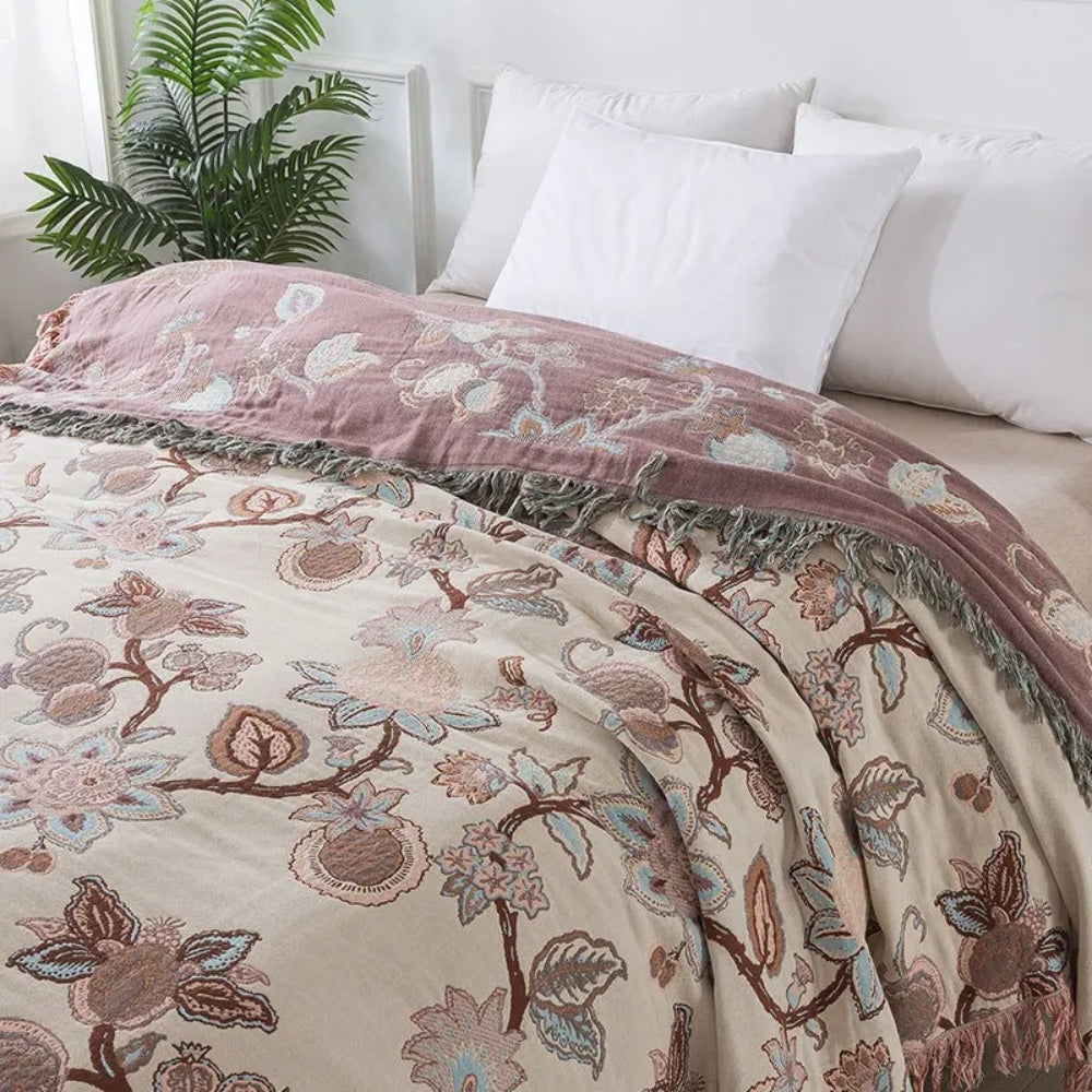 Floral Jacquard Cotton Bed Blanket with Tassel Trim