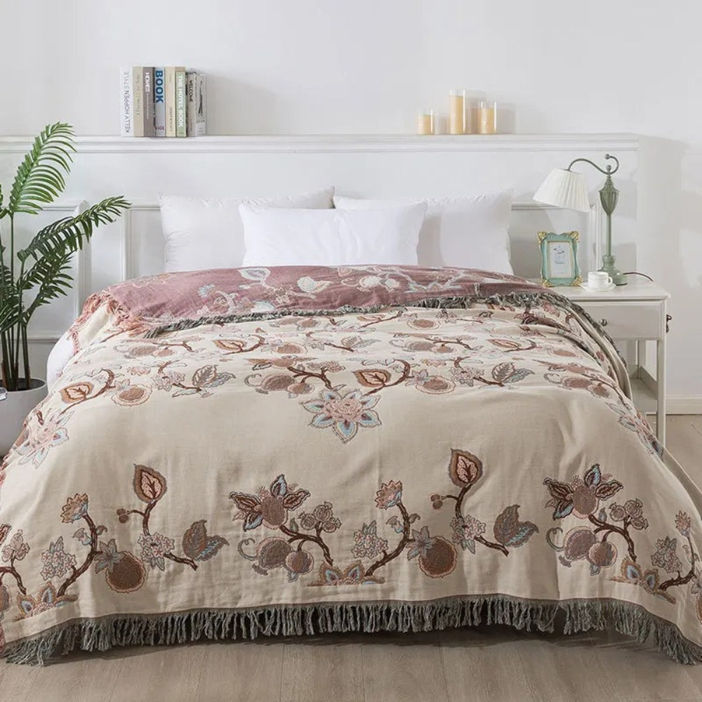 Floral Jacquard Cotton Bed Blanket with Tassel Trim