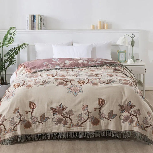 Floral Jacquard Cotton Bed Blanket with Tassel Trim