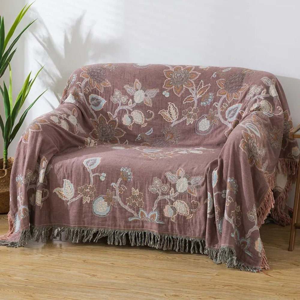 Floral Jacquard Cotton Bed Blanket with Tassel Trim