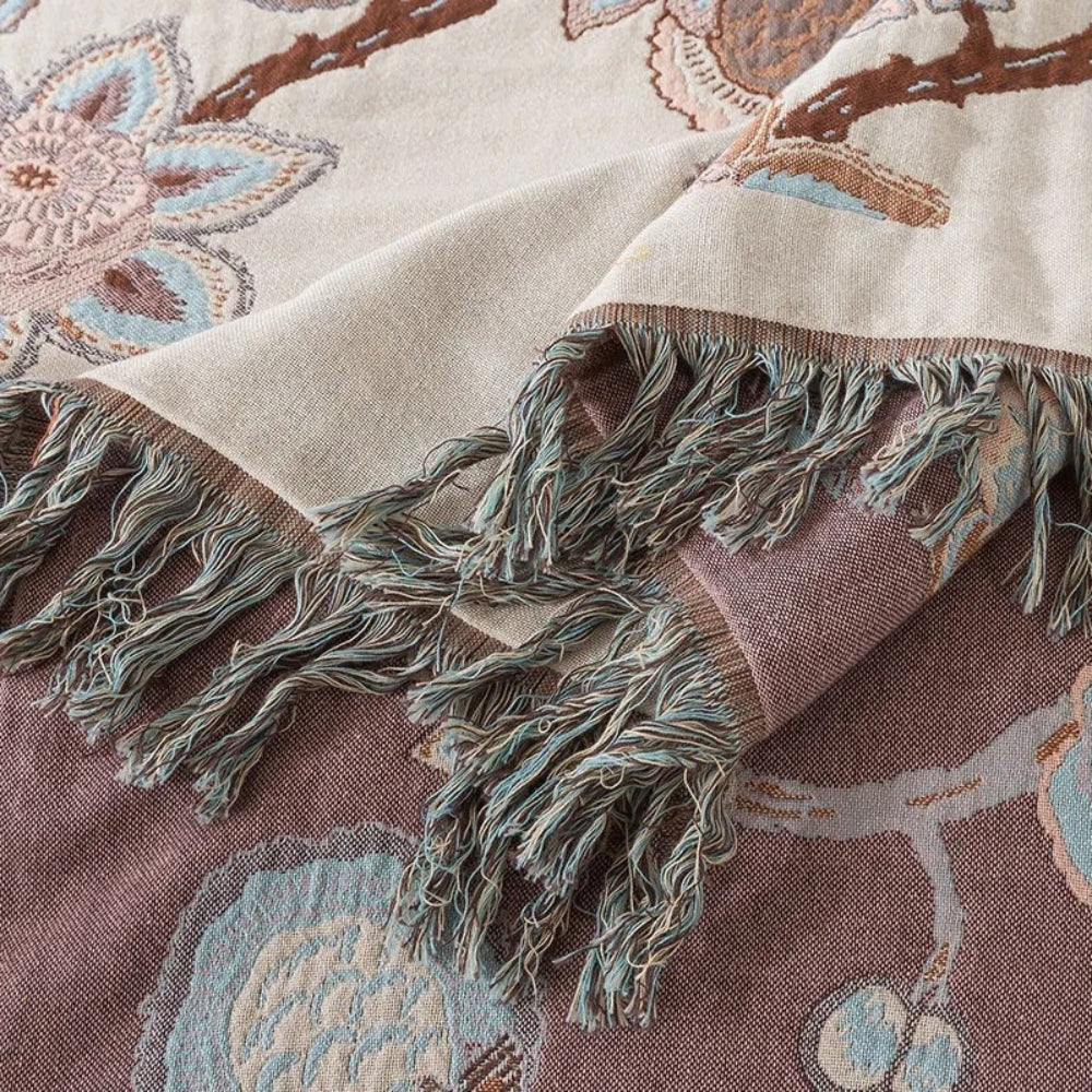 Floral Jacquard Cotton Bed Blanket with Tassel Trim