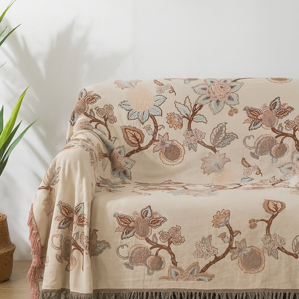 Floral Jacquard Cotton Bed Blanket with Tassel Trim