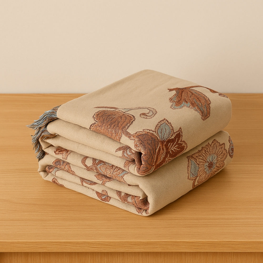 Floral Jacquard Cotton Bed Blanket with Tassel Trim