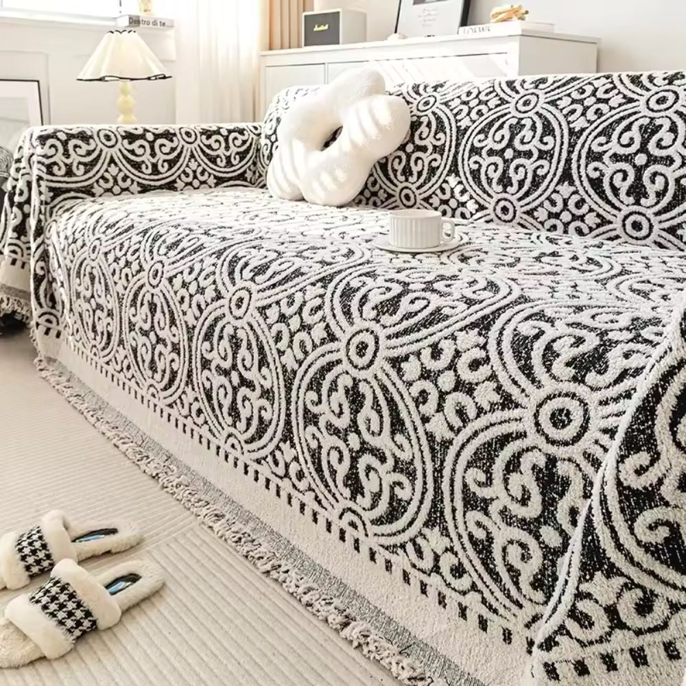 Ornamental Jacquard Sofa Cover with Fringed Edges