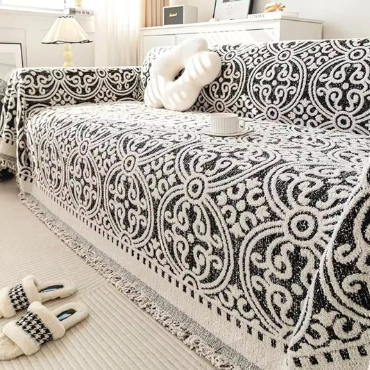 Ornamental Jacquard Sofa Cover with Fringed Edges