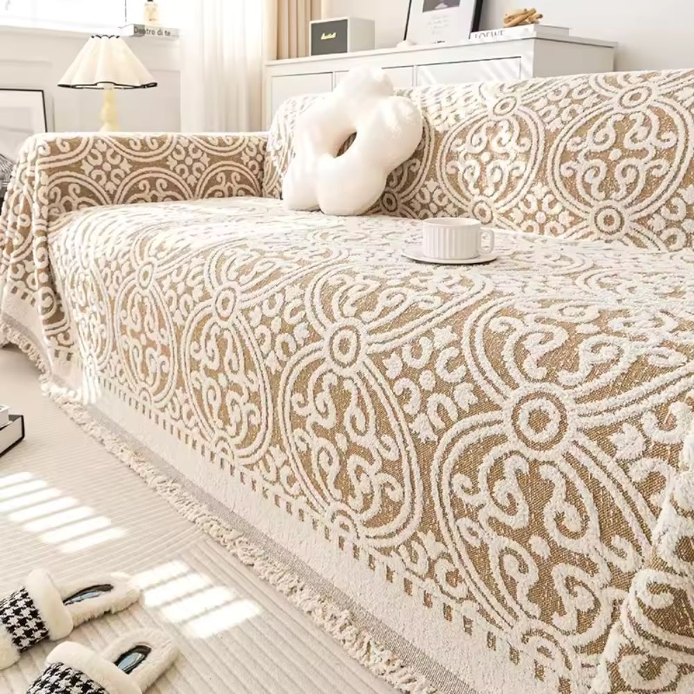 Ornamental Jacquard Sofa Cover with Fringed Edges
