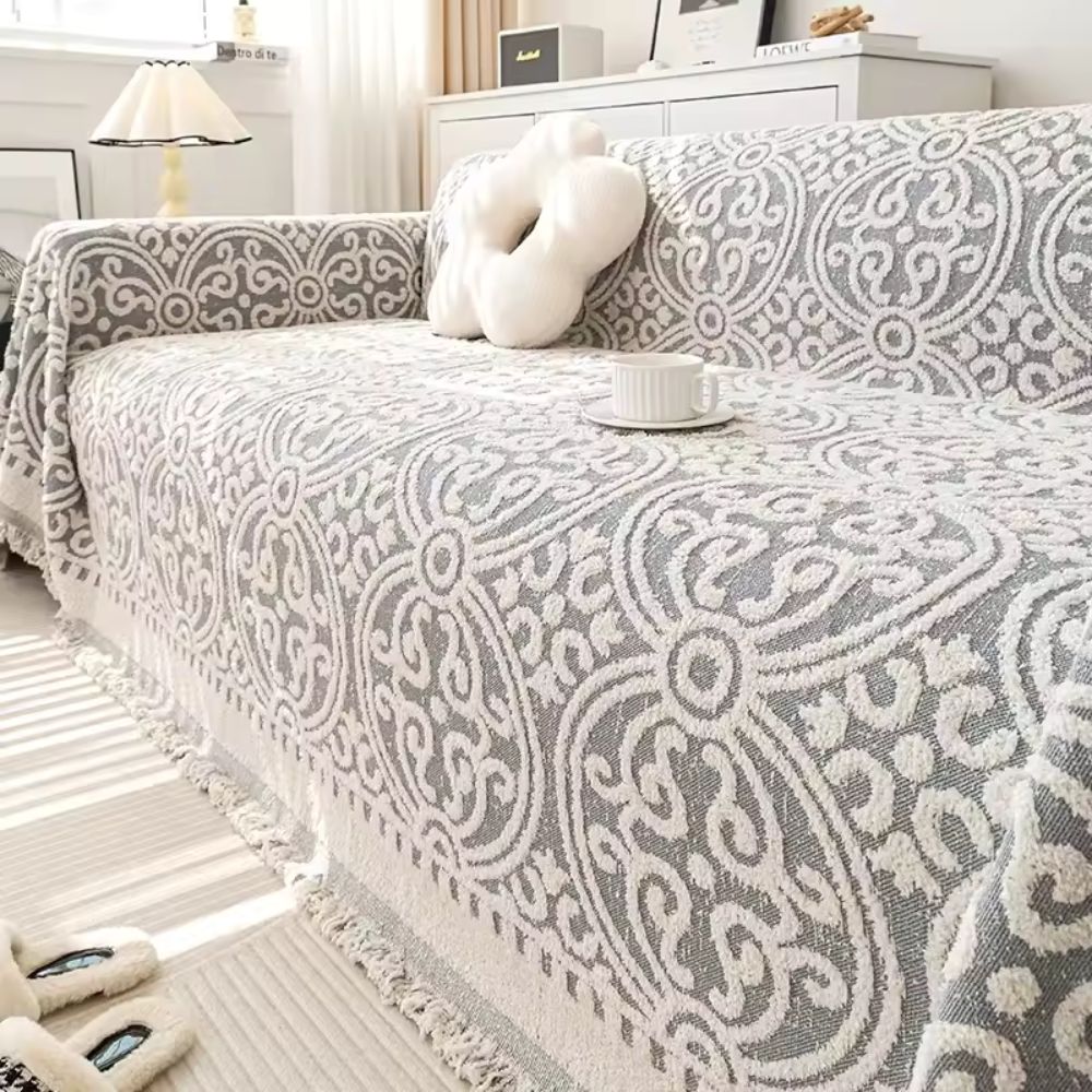 Ornamental Jacquard Sofa Cover with Fringed Edges