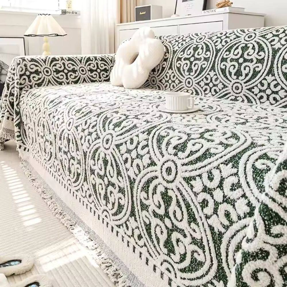 Ornamental Jacquard Sofa Cover with Fringed Edges