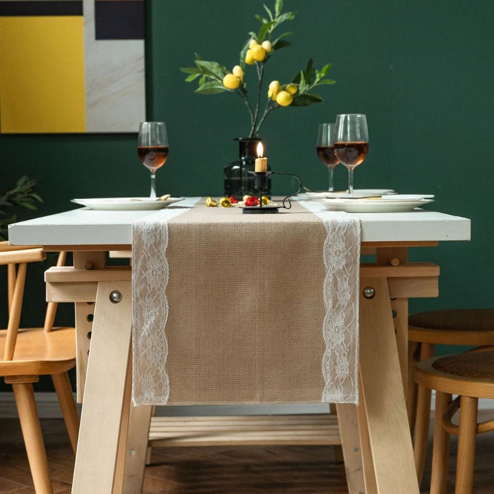 Lace Edge Table Runner with Ornate Blossom Design