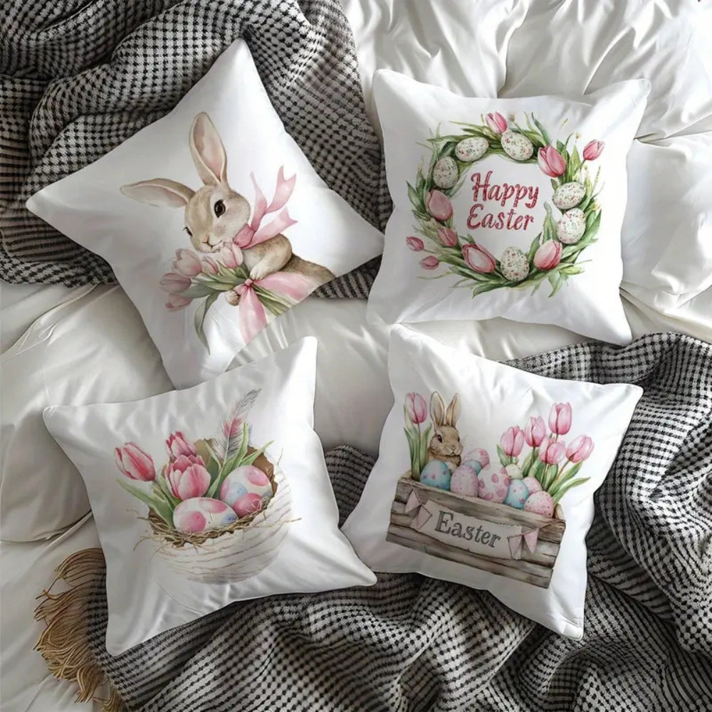 Spring Easter Cushion Covers Set of 4 with Bunny and Tulip Prints