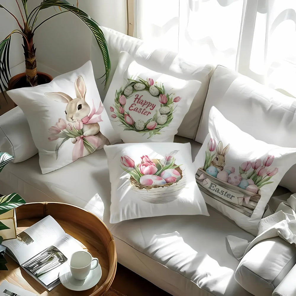 Spring Easter Cushion Covers Set of 4 with Bunny and Tulip Prints
