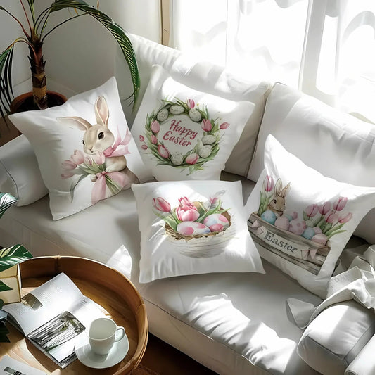 Spring Easter Cushion Covers Set of 4 with Bunny and Tulip Prints