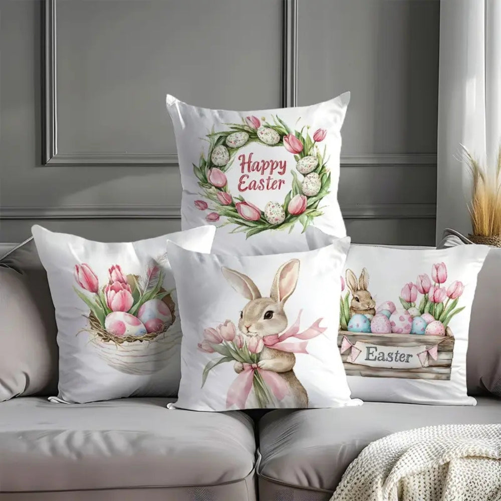 Spring Easter Cushion Covers Set of 4 with Bunny and Tulip Prints